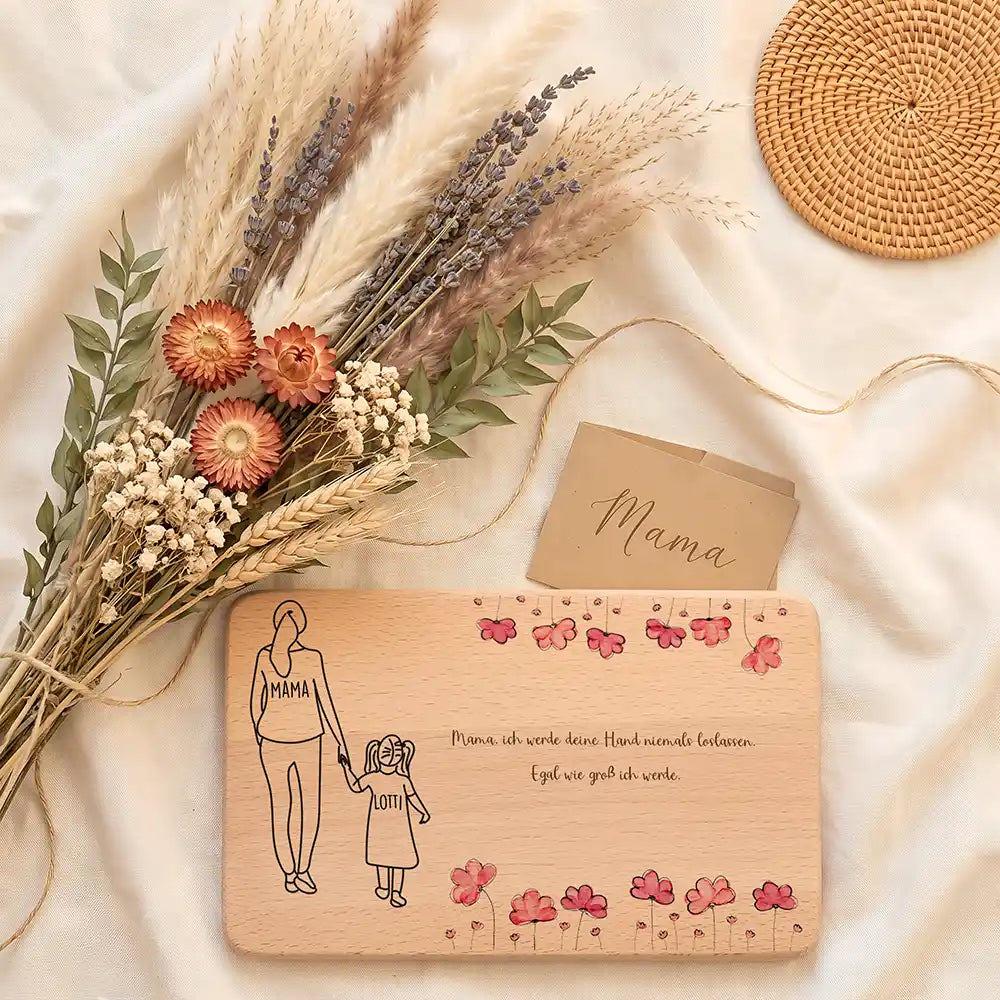 Personalisiertes Frühstücksbrettchen Muttertag Mama & Tochter Mohnblumen – Personalisierungs-Detail des Wunschnamens