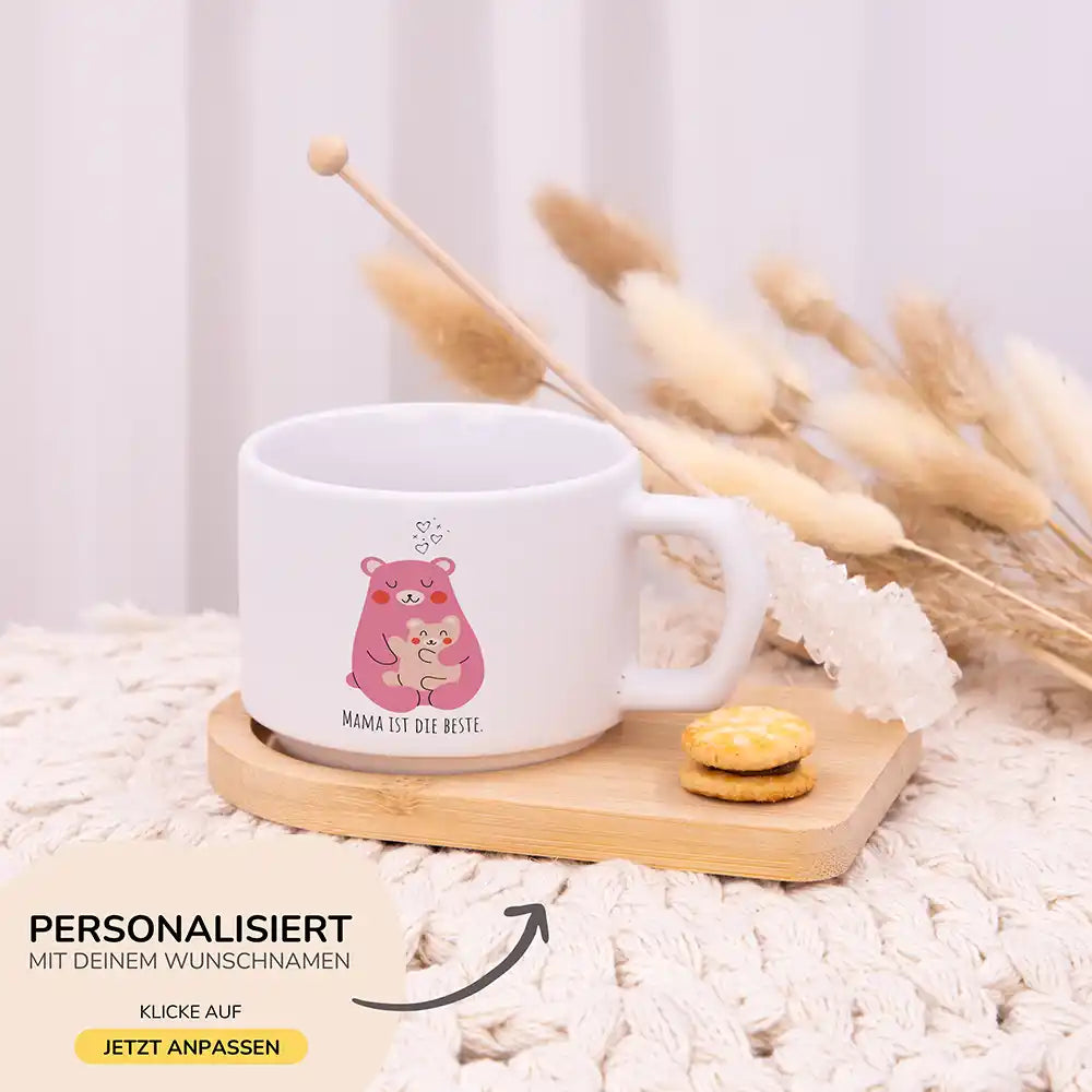 Muttertagsgeschenk Tasse Bär Mama & Kind – Wunschnamen-Gravur auf Bambus