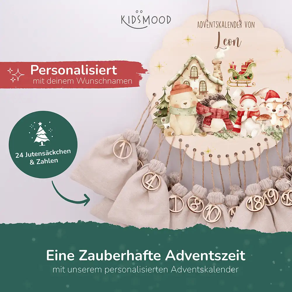 Personalisierter runder Adventskalender Kinder aus Holz  - Waldtiere im Winterzauber