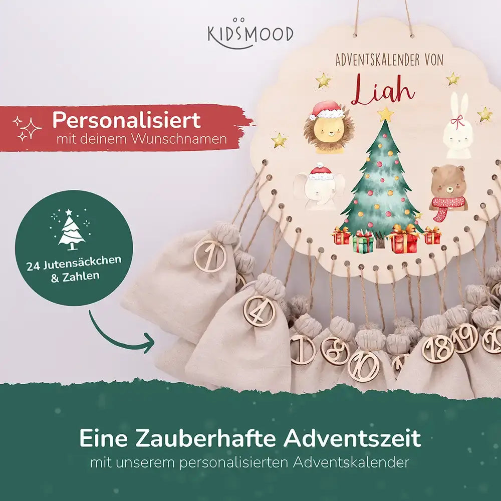 Personalisierter runder Adventskalender Kinder aus Holz  - Weihnachtliche Tierwelt