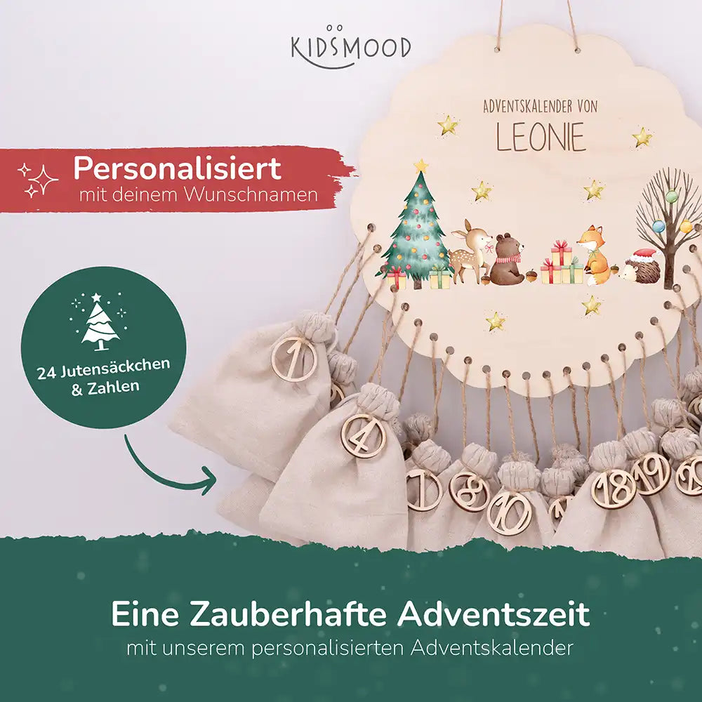 Personalisierter runder Adventskalender Kinder aus Holz  - Tiere im Schneegestöber