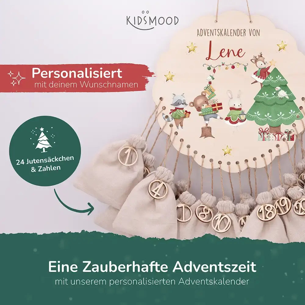Personalisierter runder Adventskalender Kinder aus Holz  - Festliche Waldszene