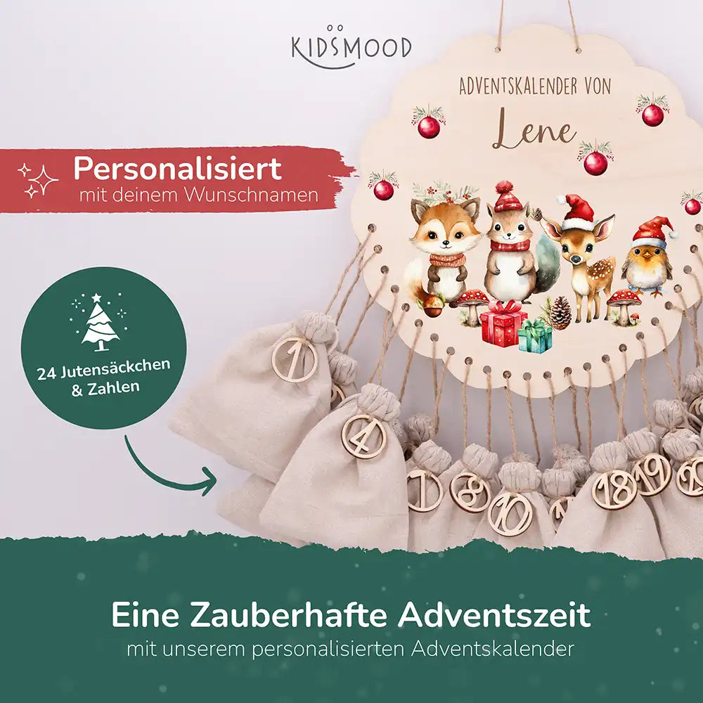 Personalisierter runder Adventskalender Kinder aus Holz  - Tierische Weihnachtsfeier