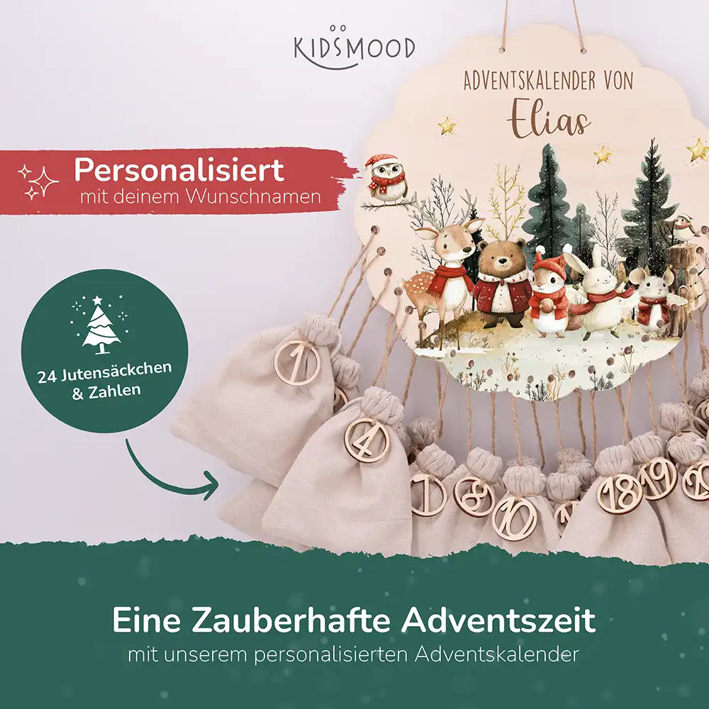 Personalisierter runder Adventskalender Kinder aus Holz  - Weihnachtsdorf