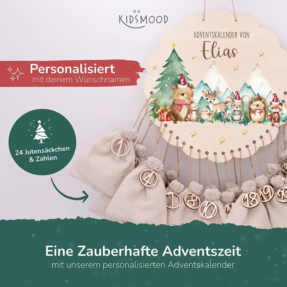 Personalisierter runder Adventskalender Kinder aus Holz  - Winterwald & seine Bewohner