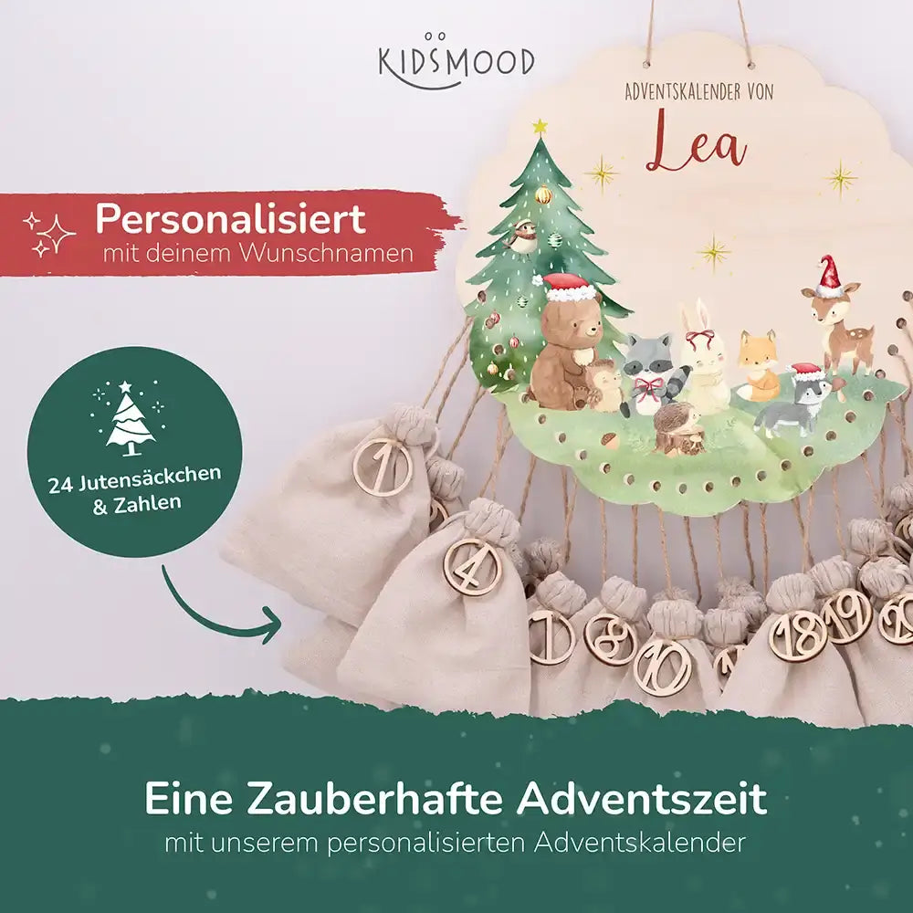 Personalisierter runder Adventskalender Kinder aus Holz  - Niedliche Waldfreunde