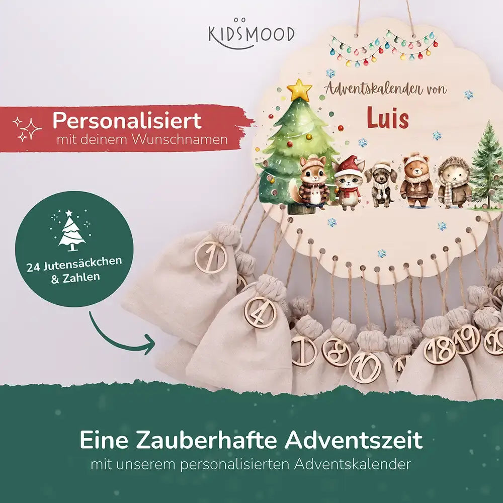 Personalisierter runder Adventskalender Kinder aus Holz  - Winterwaldtiere