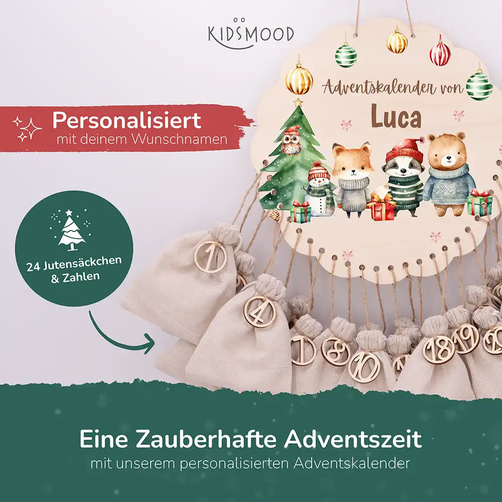 Personalisierter runder Adventskalender Kinder aus Holz  - Waldtiere mit Weihnachtsmützen