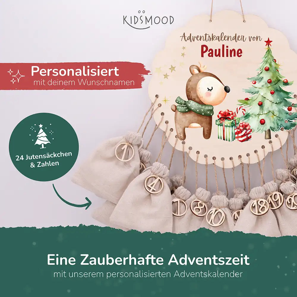 Personalisierter runder Adventskalender Kinder aus Holz  - Baby Reh