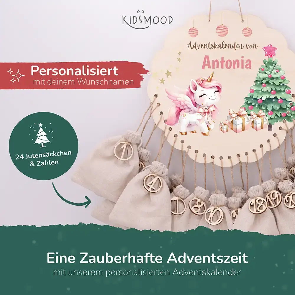 Personalisierter runder Adventskalender Kinder aus Holz  - Baby Einhorn