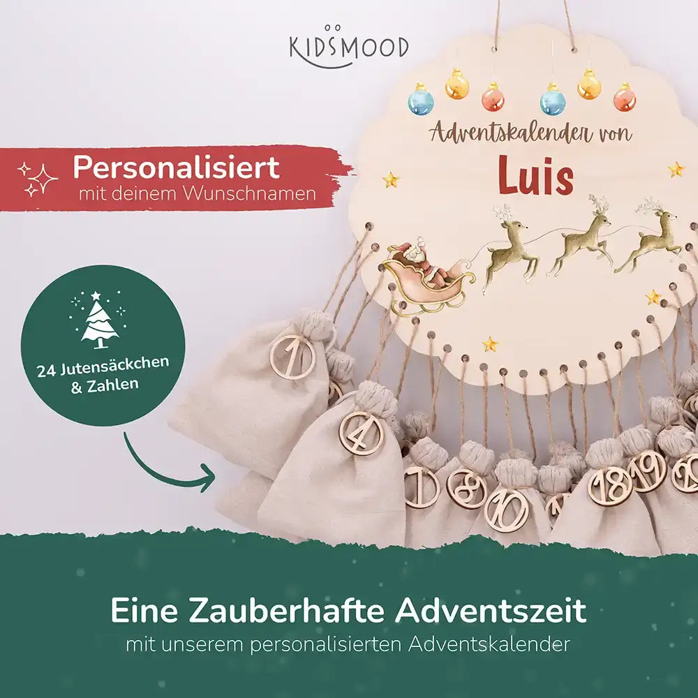 Personalisierter runder Adventskalender Kinder aus Holz  - Rentiere