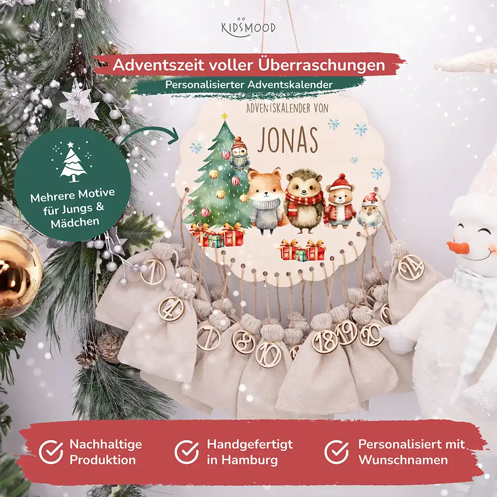 Personalisierter runder Adventskalender Kinder aus Holz  - Winterwunderland