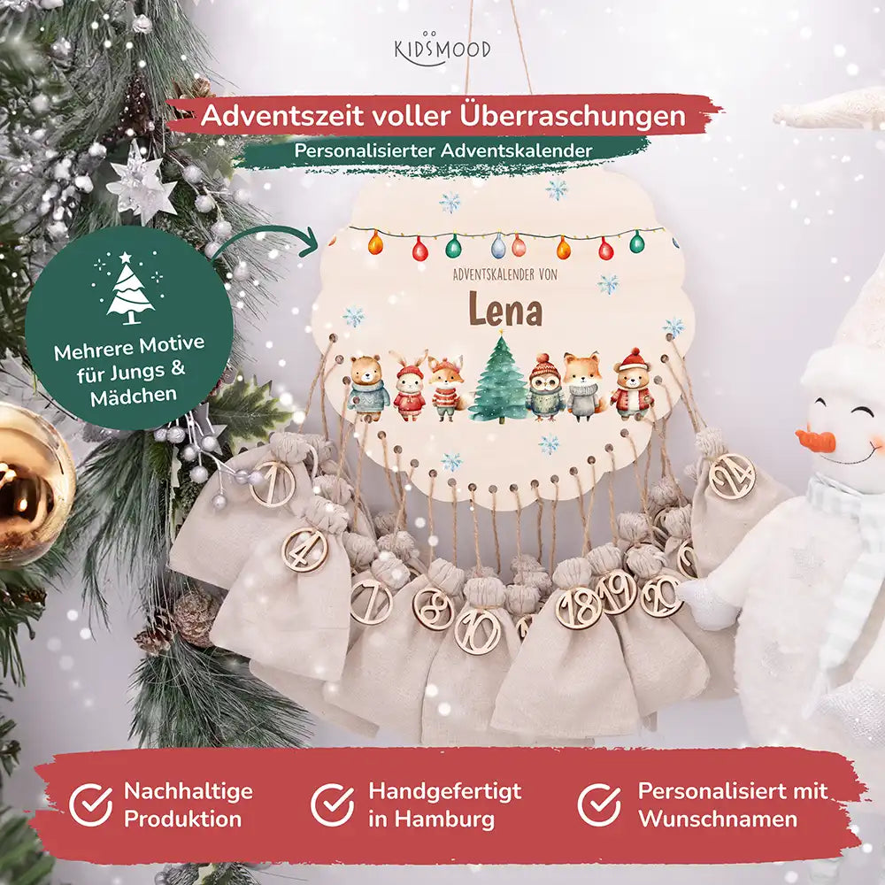 Personalisierter runder Adventskalender Kinder aus Holz  - Niedliche Waldfreunde