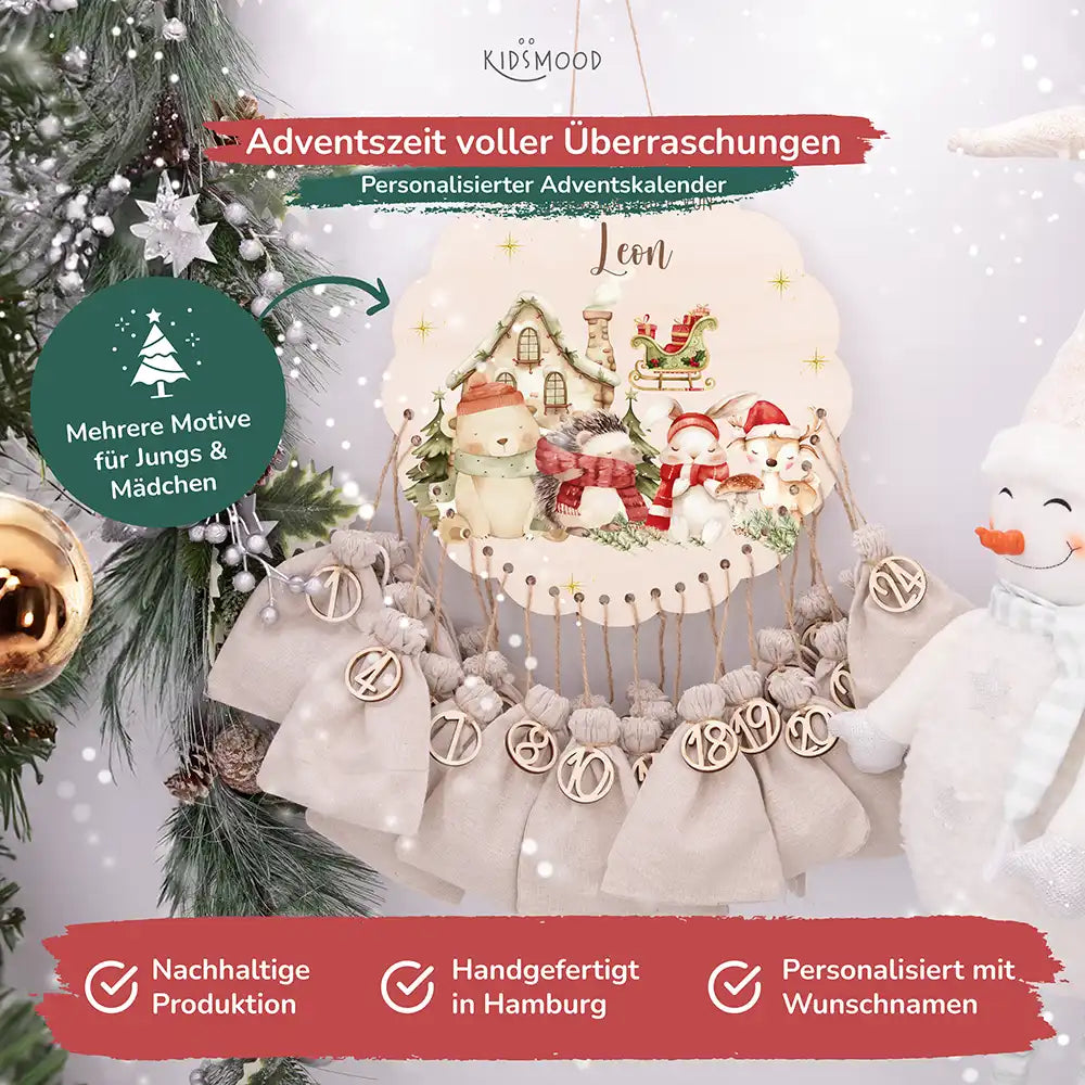 Personalisierter runder Adventskalender Kinder aus Holz  - Waldtiere im Winterzauber