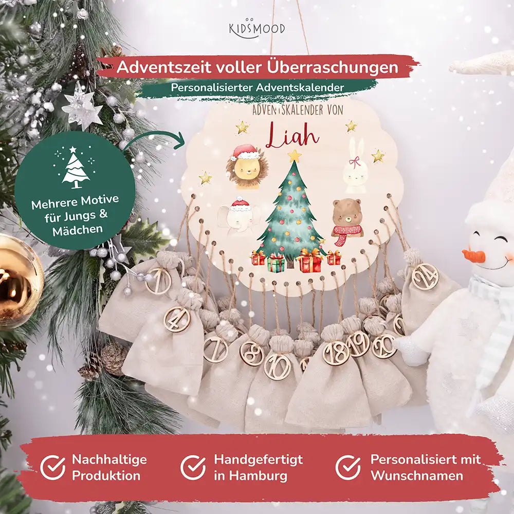 Personalisierter runder Adventskalender Kinder aus Holz  - Weihnachtliche Tierwelt