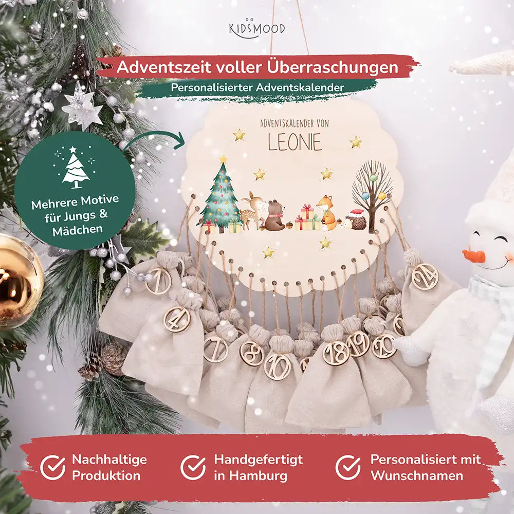 Personalisierter runder Adventskalender Kinder aus Holz  - Tiere im Schneegestöber