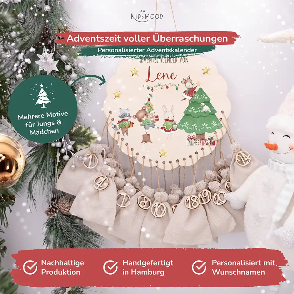 Personalisierter runder Adventskalender Kinder aus Holz  - Festliche Waldszene