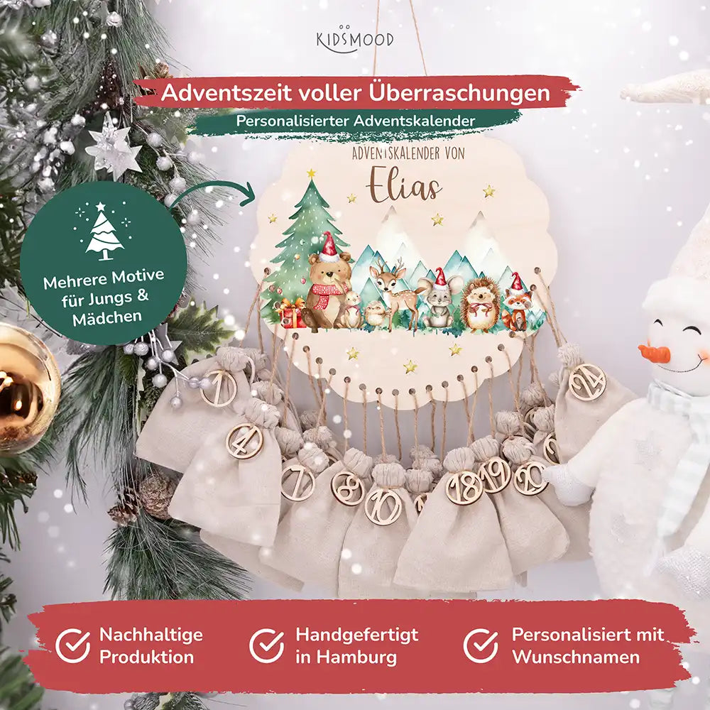 Personalisierter runder Adventskalender Kinder aus Holz  - Winterwald & seine Bewohner