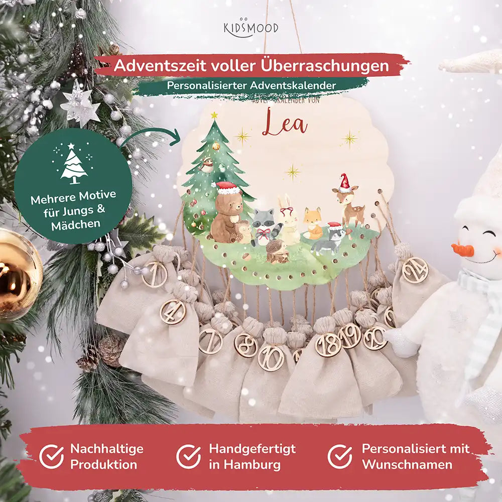 Personalisierter runder Adventskalender Kinder aus Holz  - Niedliche Waldfreunde