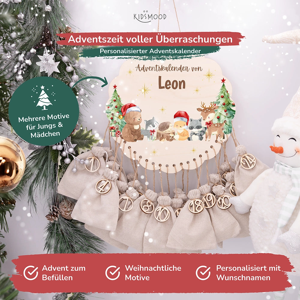 Personalisierter runder Adventskalender Kinder aus Holz  - Weihnachtsfreude