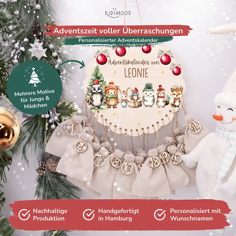 Personalisierter runder Adventskalender Kinder aus Holz  - Kuschelige Winterfreunde