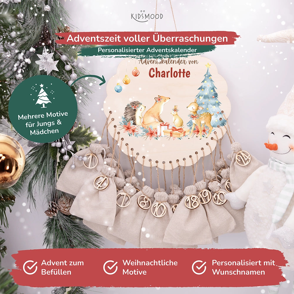 Personalisierter runder Adventskalender Kinder aus Holz  - Winterwaldtiere