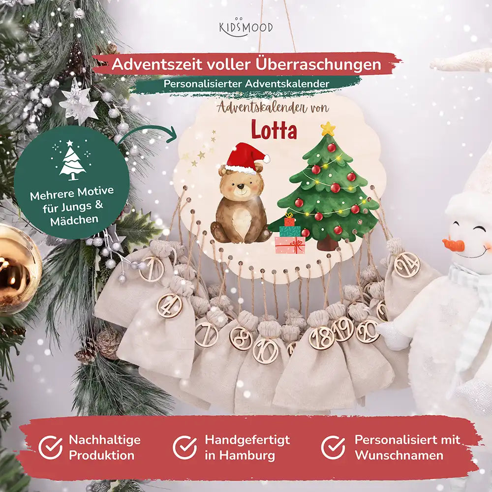 Personalisierter runder Adventskalender Kinder aus Holz  - Weihnachtsbär