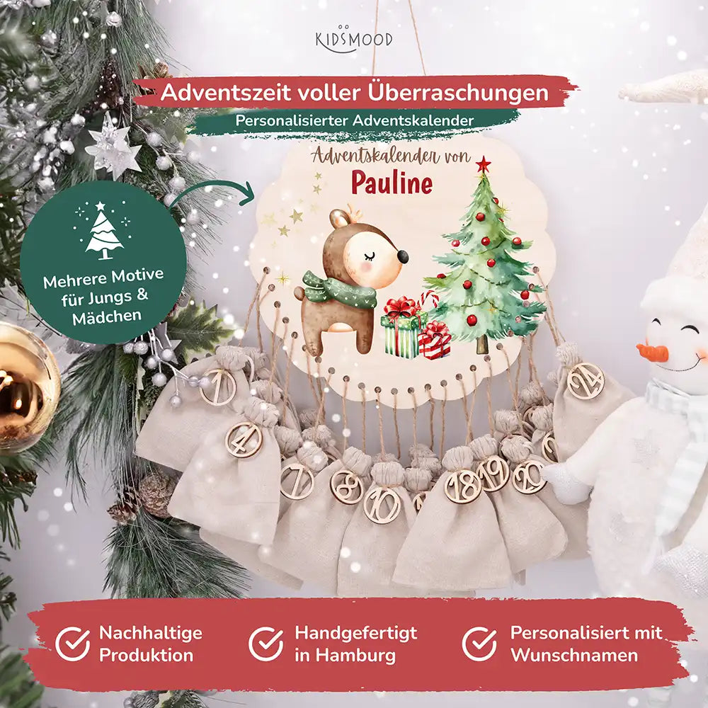 Personalisierter runder Adventskalender Kinder aus Holz  - Baby Reh