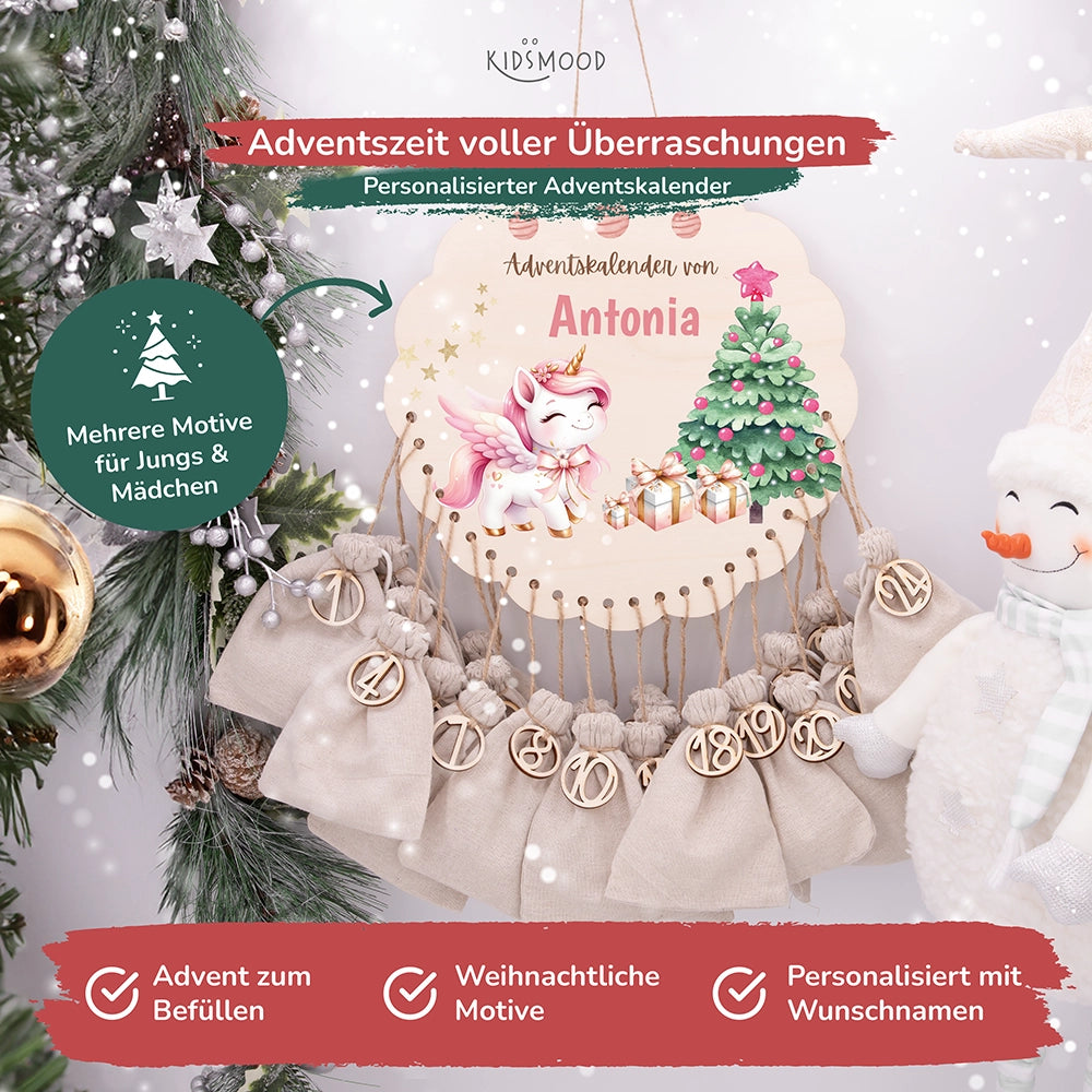 Personalisierter runder Adventskalender Kinder aus Holz  - Baby Einhorn