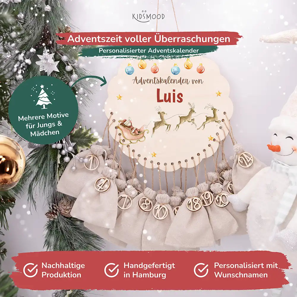 Personalisierter runder Adventskalender Kinder aus Holz  - Rentiere