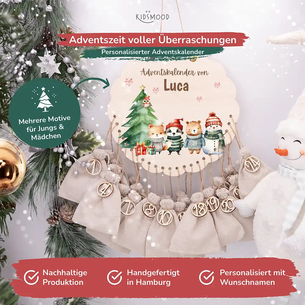Personalisierter runder Adventskalender Kinder aus Holz  - Tierische Weihnachtsbande