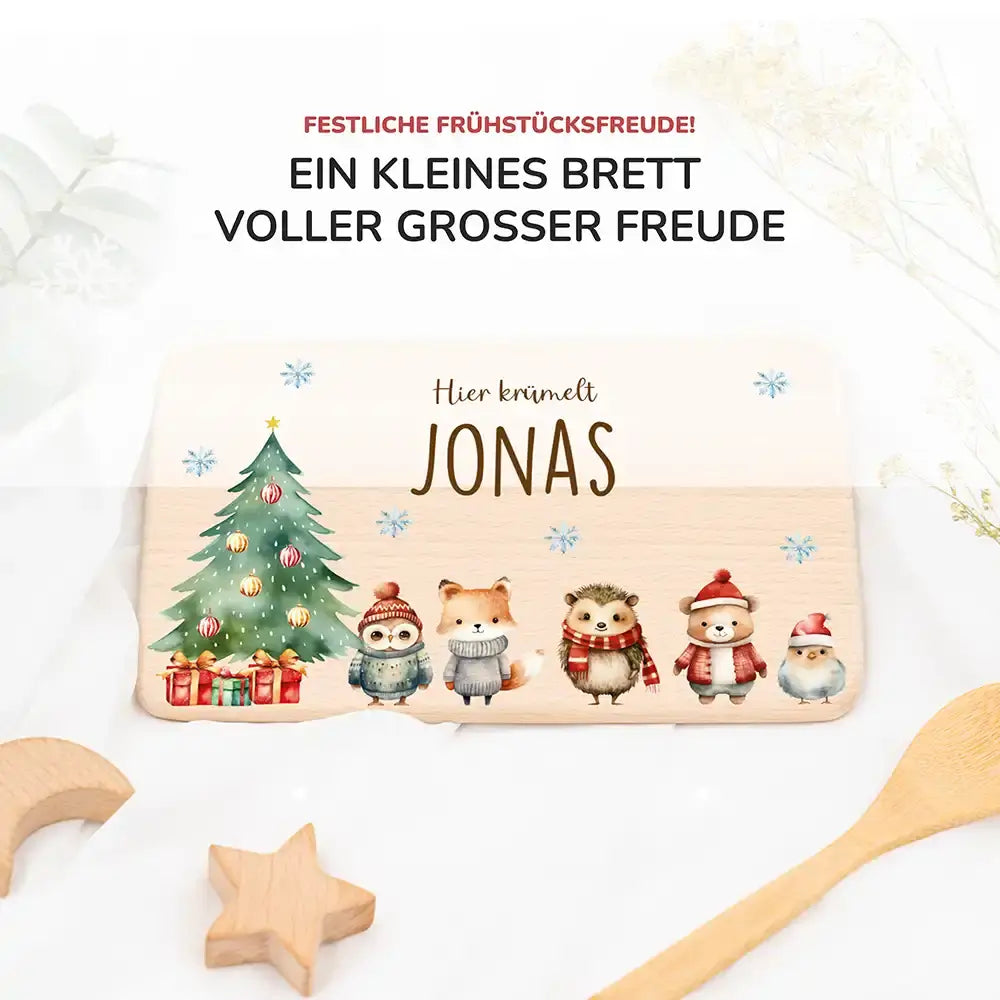 Weihnachts-Set Frühstücksbrettchen und  Emaille Tasse - Fuchs & Häschen-Freunde