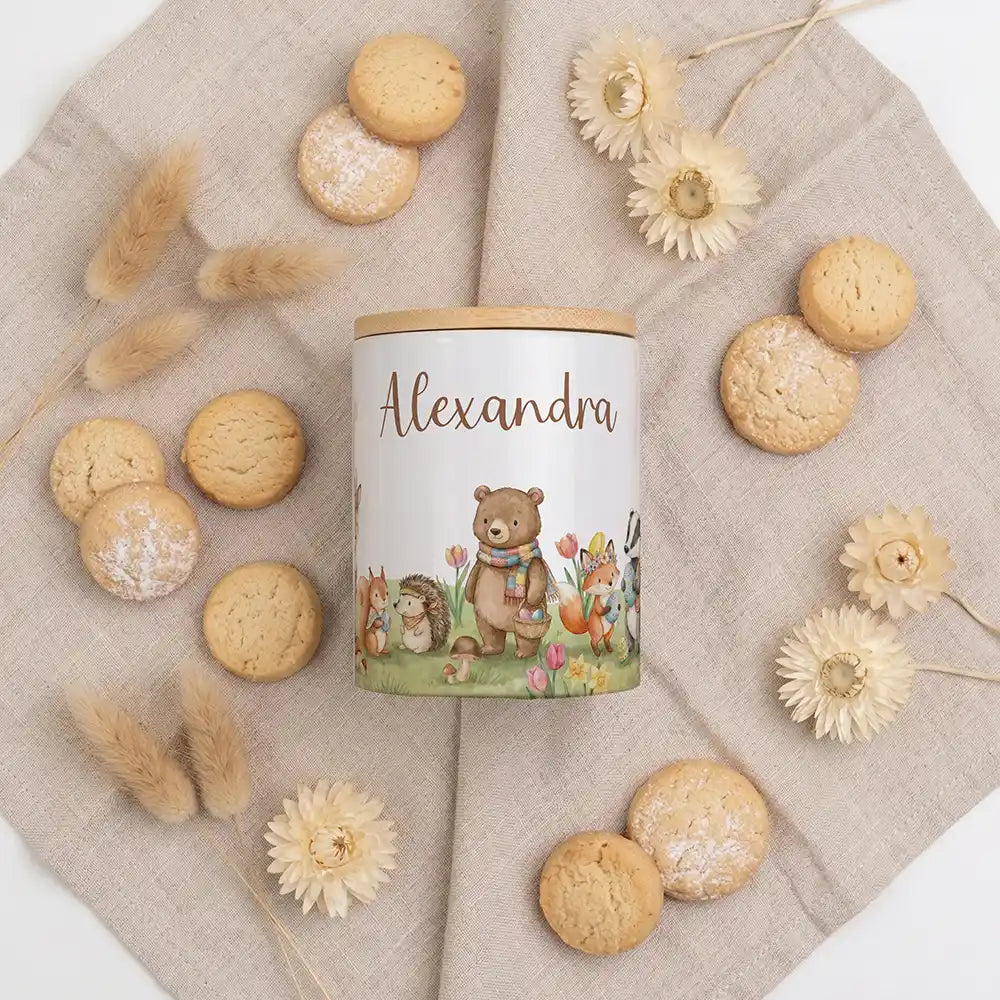 2-in-1 Keksdose Herbst-Waldtiere - Keramik mit Bambusdeckel