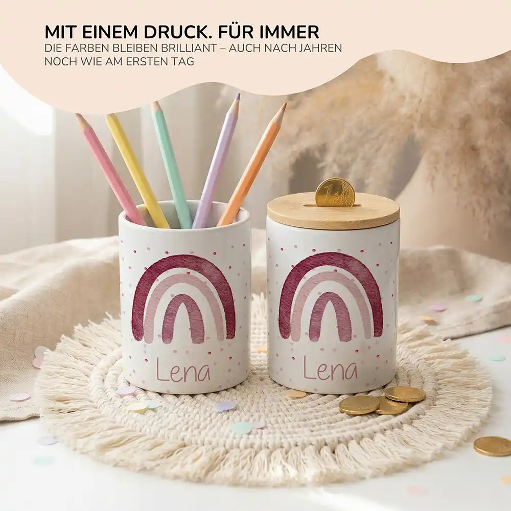 Personalisierte Spardose Regenbogen Rosa – Keramik & Bambus mit Wunschname