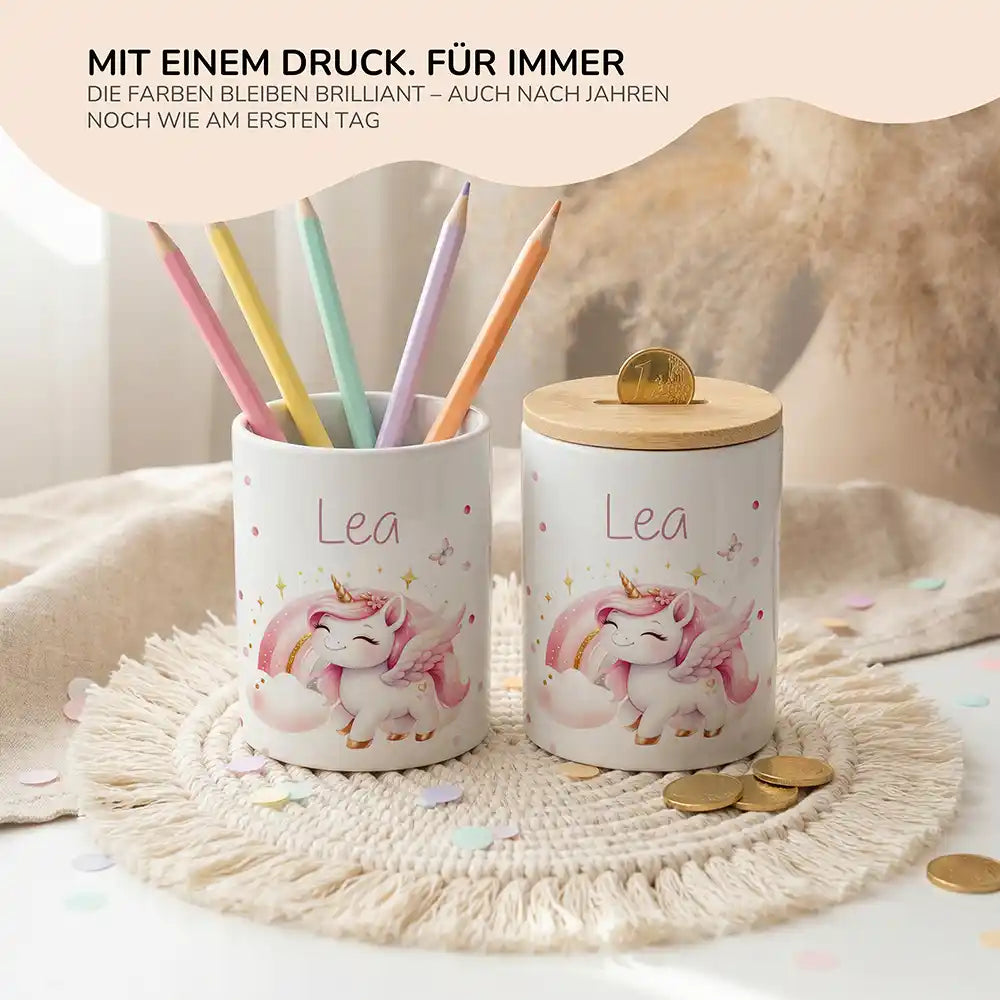 Personalisierte Spardose Einhorn Flügel – Keramik & Bambus mit Wunschname