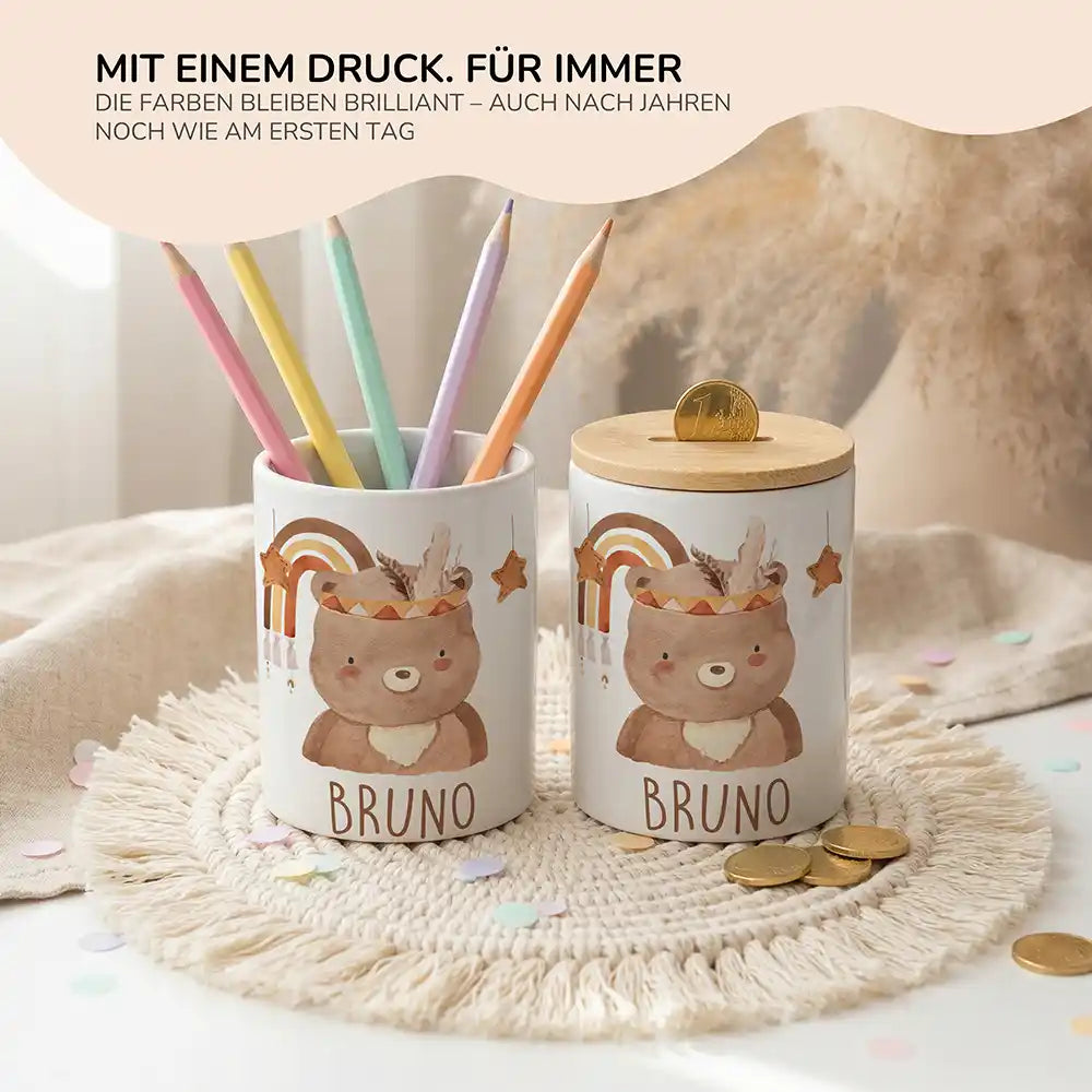 Personalisierte Spardose Boho-Bär – Keramik & Bambus mit Wunschname