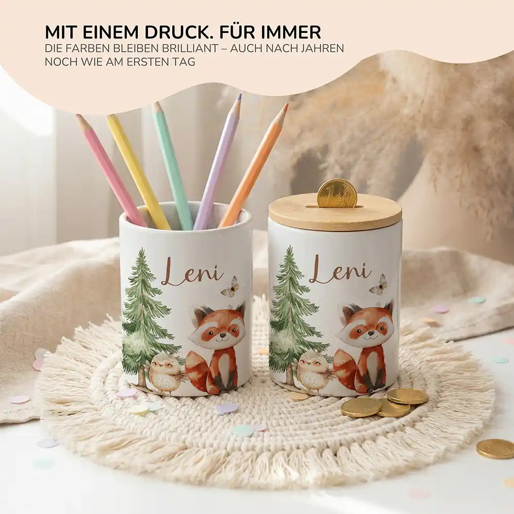 Personalisierte Spardose Roter Panda & Eule – Keramik & Bambus mit Wunschname