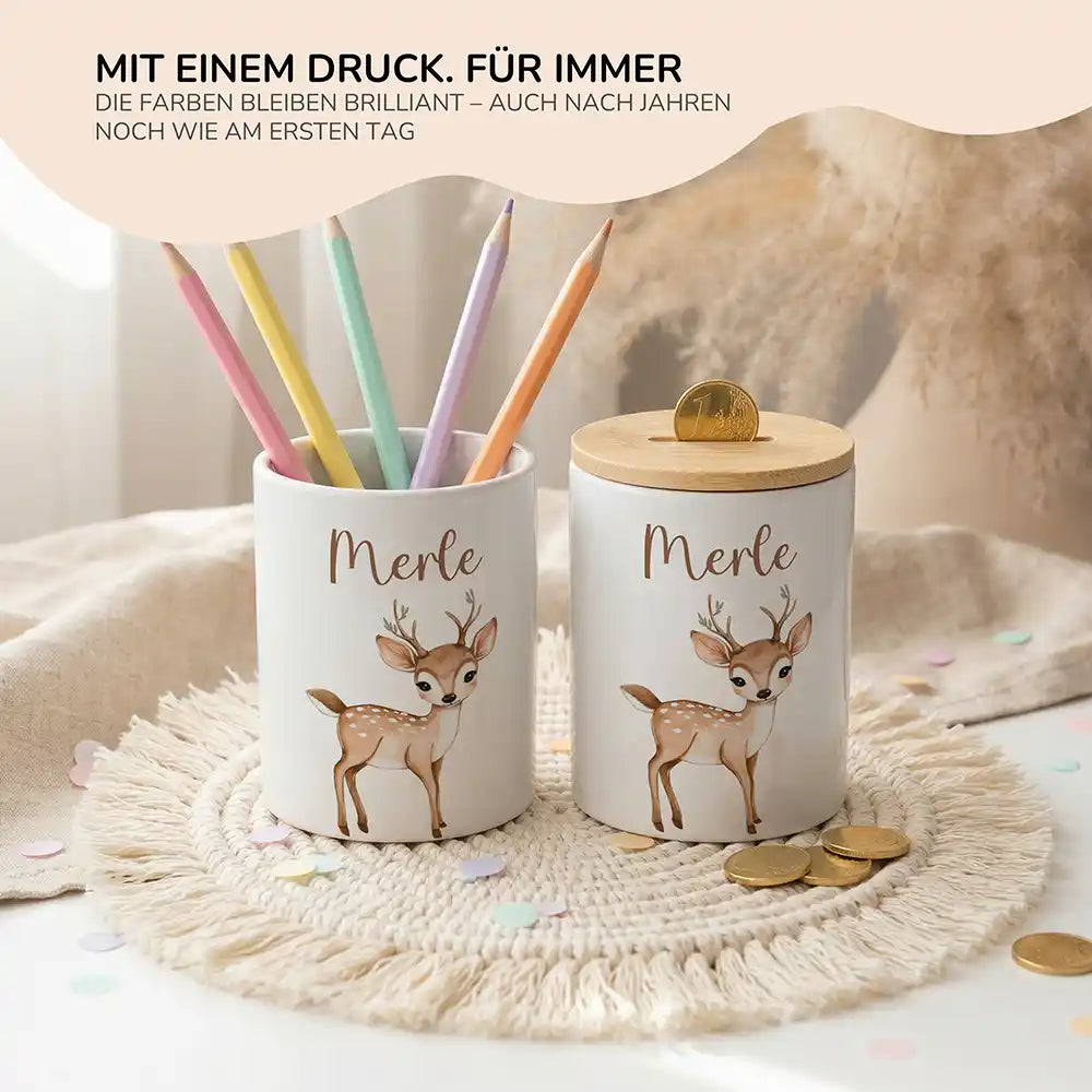 Personalisierte Spardose Rehkitz Bambi – Keramik & Bambus mit Wunschname