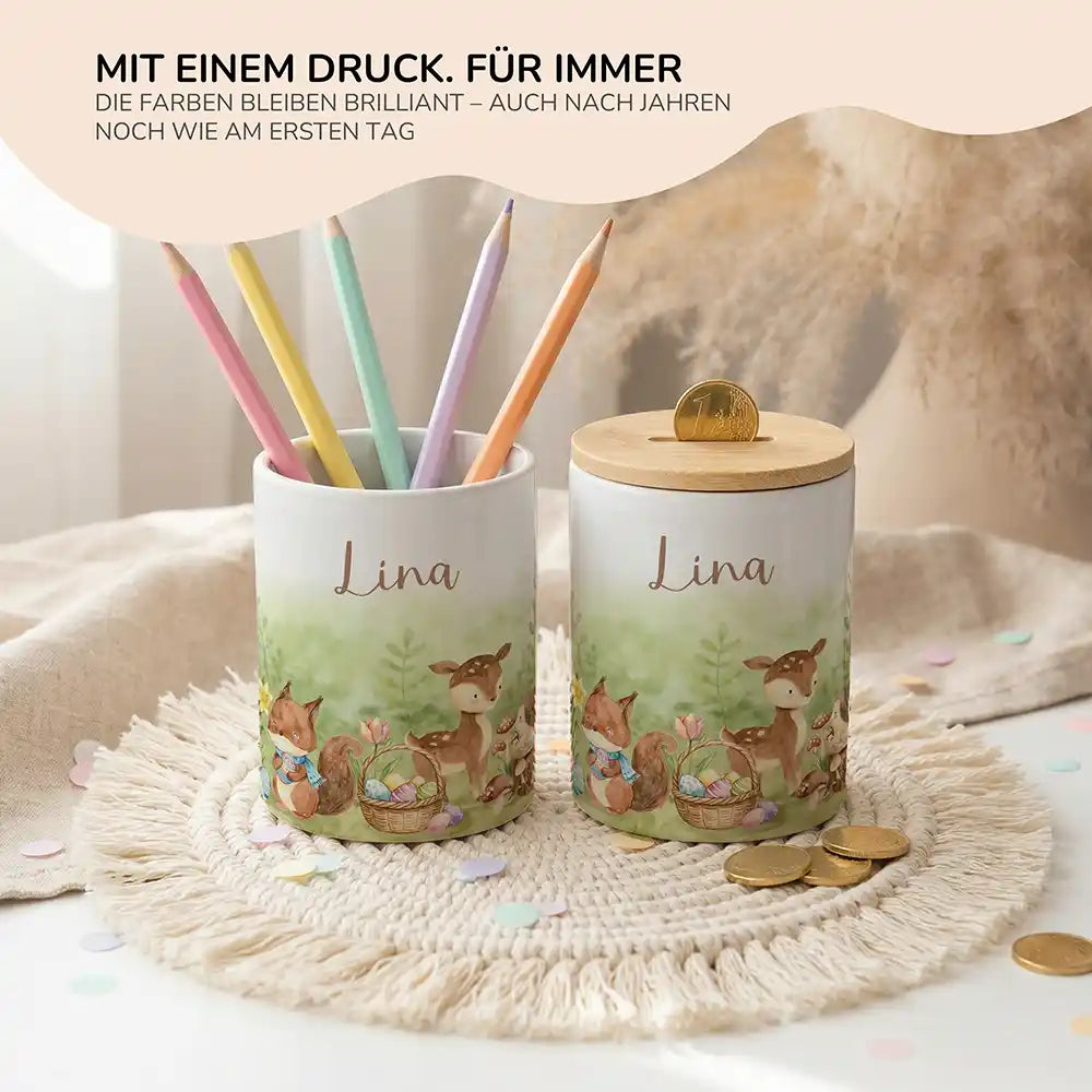 Personalisierte Spardose Ostern Reh & Fuchs – Keramik & Bambus mit Wunschname