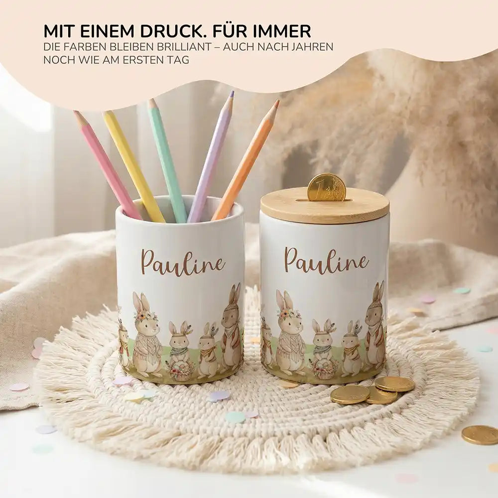 Personalisierte Spardose Boho-Hasen – Keramik & Bambus mit Wunschname