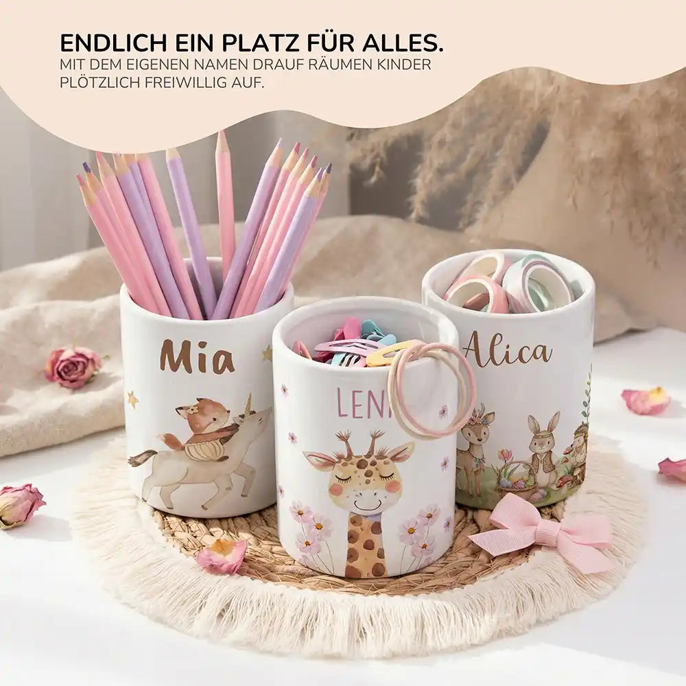 Personalisierter Stiftehalter Giraffe Blumen - personalisiertes Geschenk mit Wunschnamen