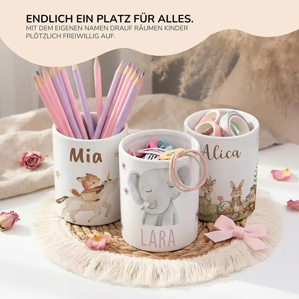 Personalisierter Stiftehalter Elefant Blumen - personalisiertes Geschenk mit Wunschnamen