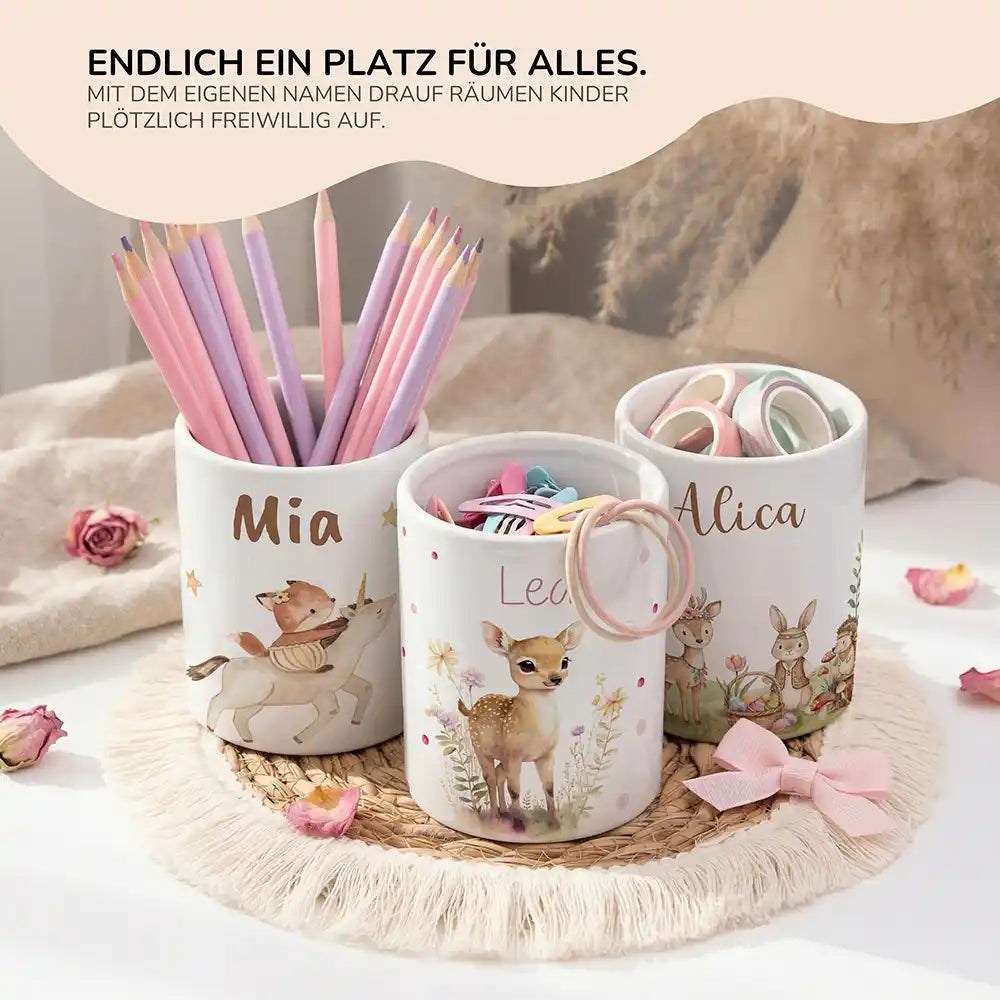 Personalisierter Stiftehalter Rehkitz Blumenwiese - personalisiertes Geschenk mit Wunschnamen