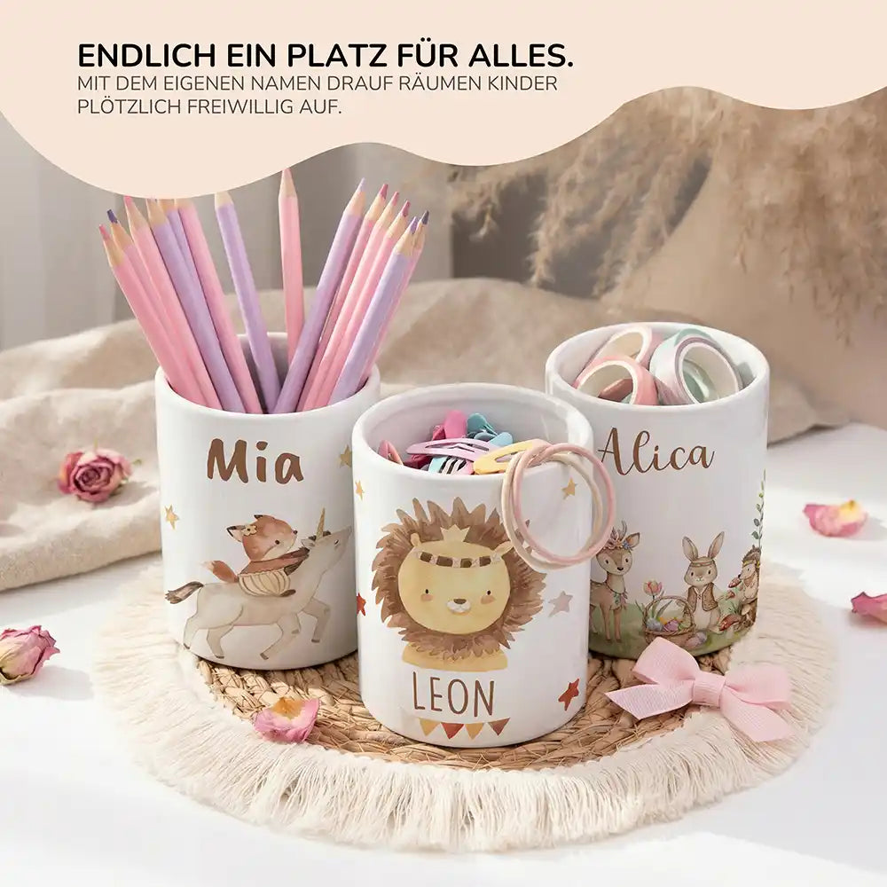 Personalisierter Stiftehalter Löwe Boho - personalisiertes Geschenk mit Wunschnamen