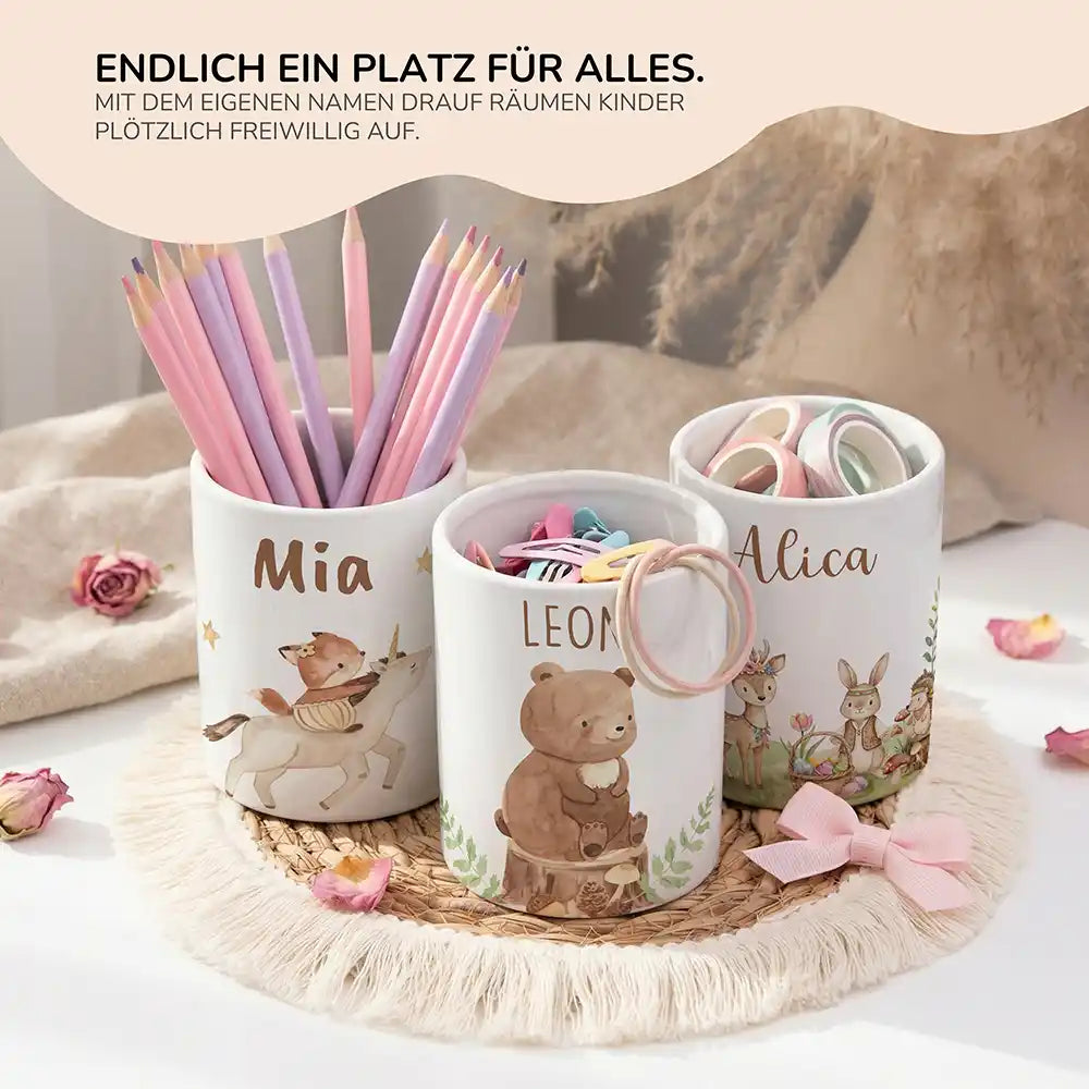 Personalisierter Stiftehalter Bär Wald - personalisiertes Geschenk mit Wunschnamen