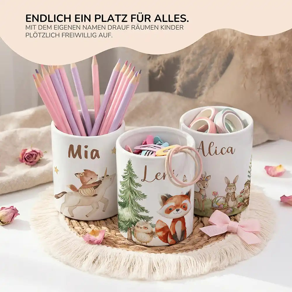 Personalisierter Stiftehalter Roter Panda & Eule - personalisiertes Geschenk mit Wunschnamen