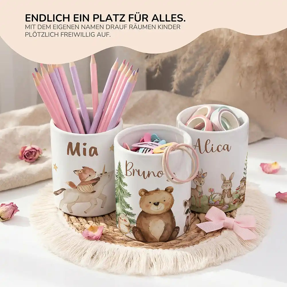 Personalisierter Stiftehalter Bär & Waschbär - personalisiertes Geschenk mit Wunschnamen