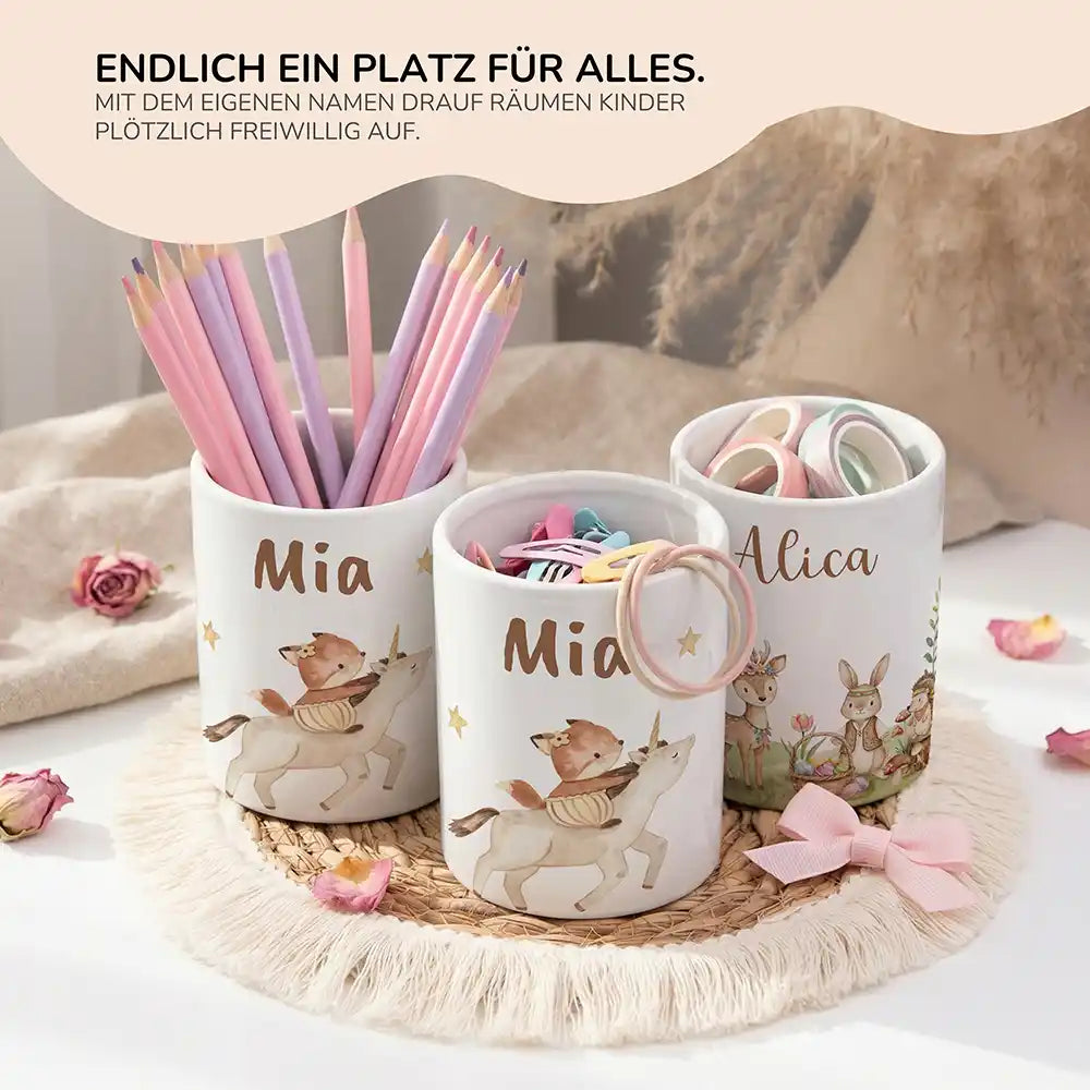 Personalisierter Stiftehalter Fuchs & Einhorn - personalisiertes Geschenk mit Wunschnamen