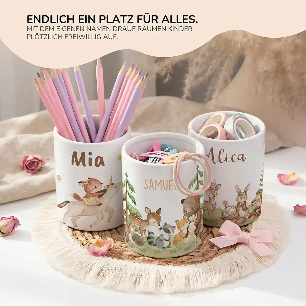 Personalisierter Stiftehalter Waldfreunde III - personalisiertes Geschenk mit Wunschnamen
