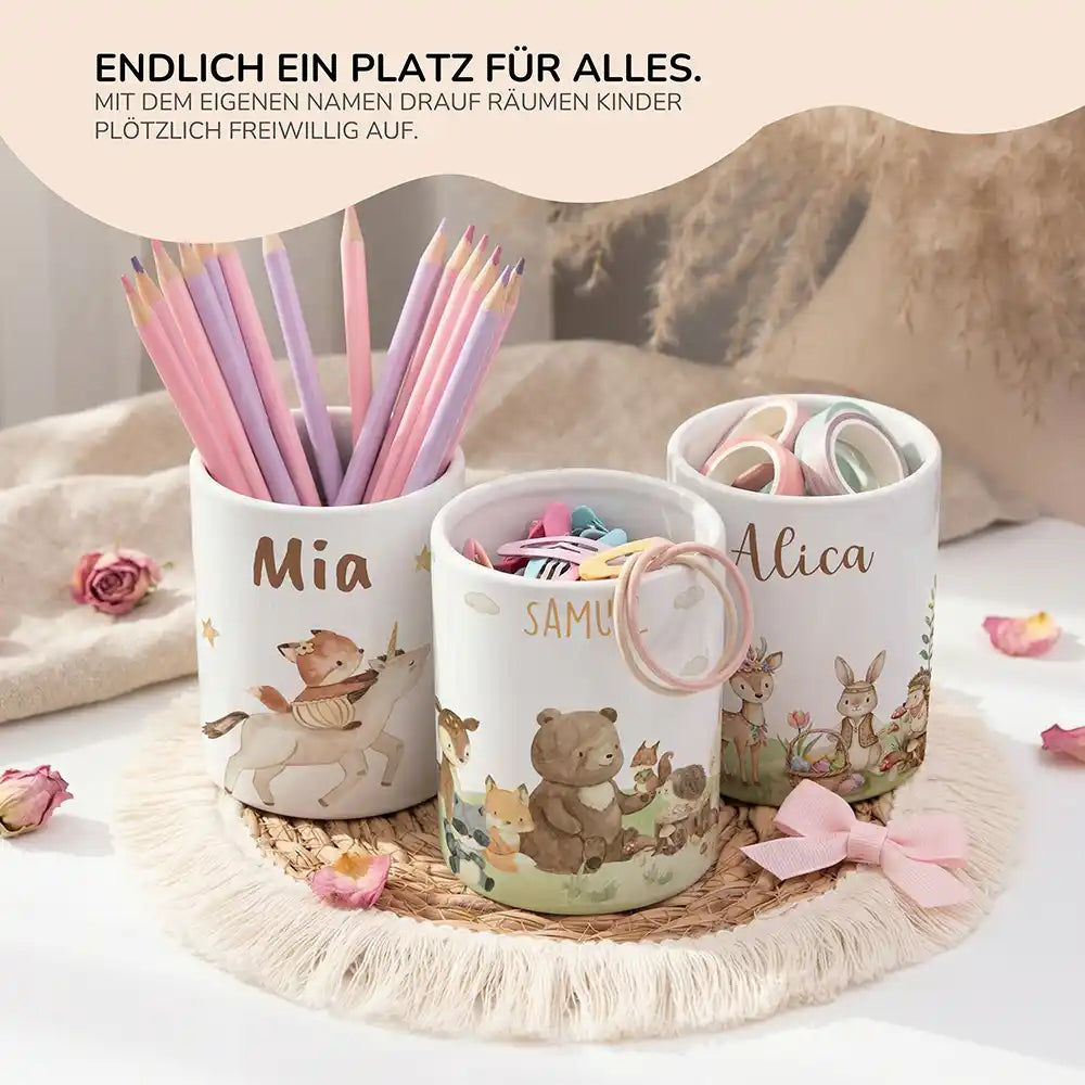 Personalisierter Stiftehalter Waldfreunde IV - personalisiertes Geschenk mit Wunschnamen
